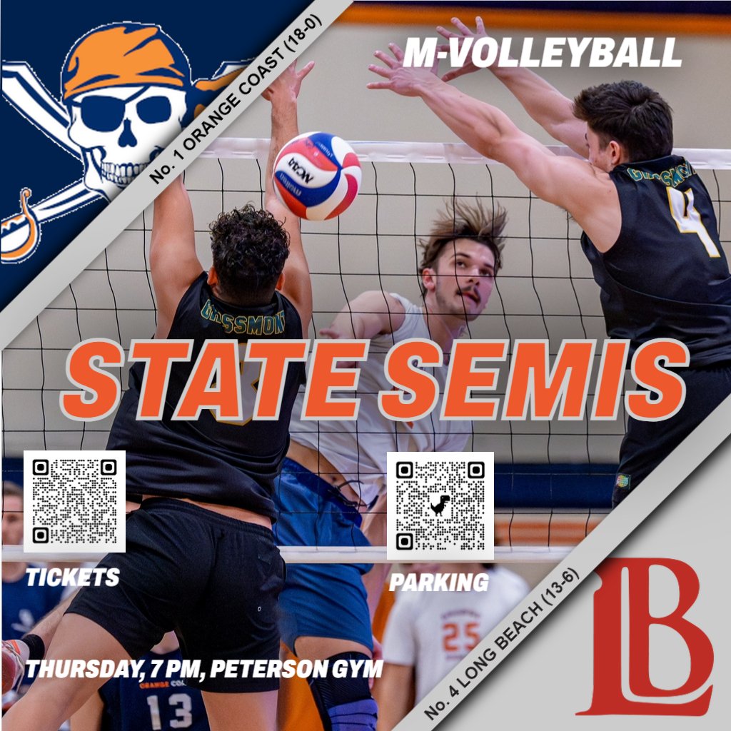 Pirates (18-0) takes on Long Beach (13-6) in the second of two semifinal matches tonight at 7 p.m. in the 3C2A Men's Volleyball State Championships inside the Peterson Gym. LET'S GO, CHAMPS! Bring home another title!! @orangecoast