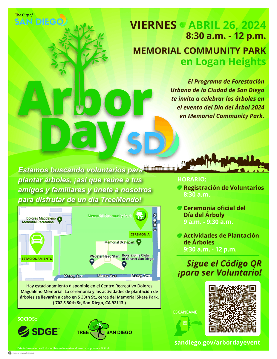 Join us tomorrow for Arbor Day at Memorial Park in Logan Heights! 🌳☀️ Volunteers can check-in at 8:30am and the official Arbor Day Ceremony will take place at 9am! For more information please scan the QR code or visit sandiego.gov/arbordayevent! #VivianMoreno #CD8 #ArborDay