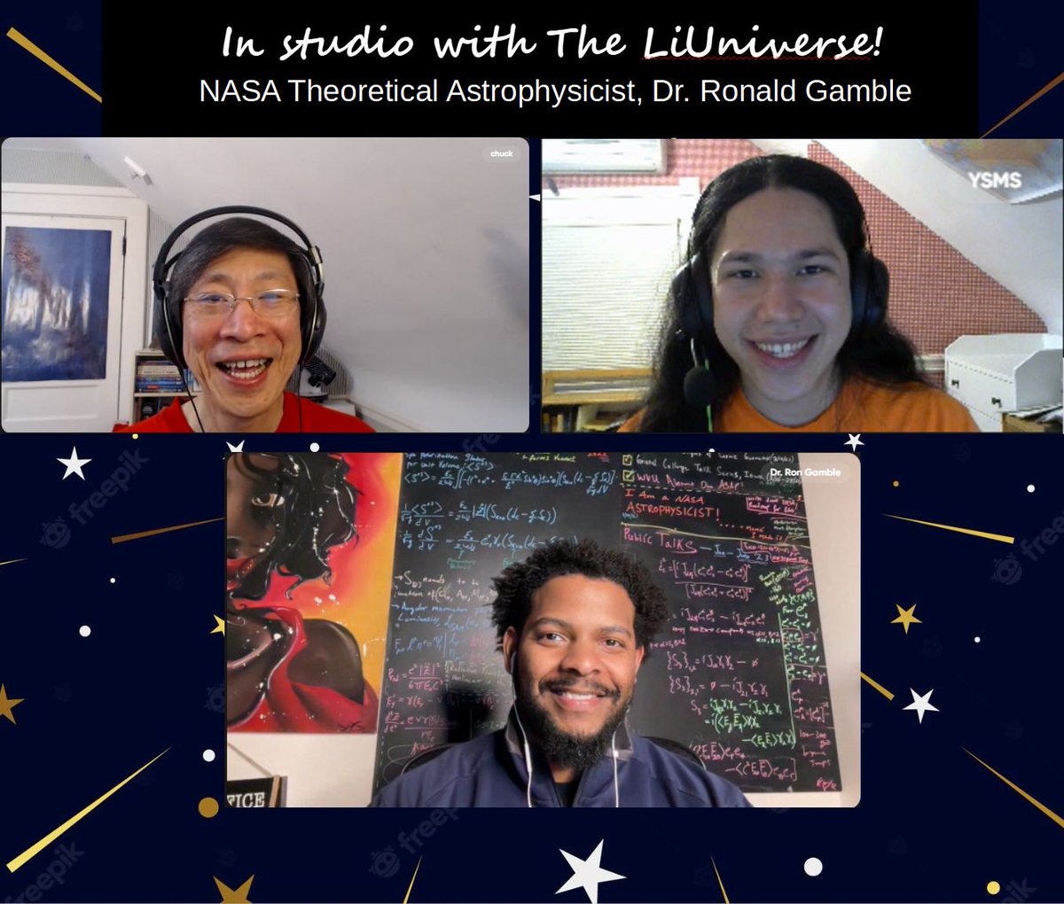 🎙️@chuckliu & @AllenGalileo are busy recording new #podcast episodes of @TheLiuniverse! 👀Keep an eye out for their fun and exciting conversation with @Dr_Gamble21, @NASAGoddard theoretical #astrophysicist!
#space #science #podcast @UMBaltimore @BlackInAstro
