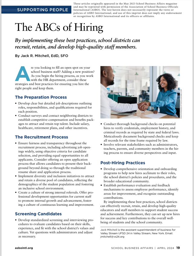 Thank you @ASBOIntl for featuring my article in this month’s School Business Affairs magazine. It is a great honor to have another one of my articles featured in this great publication and resource for school business officials.