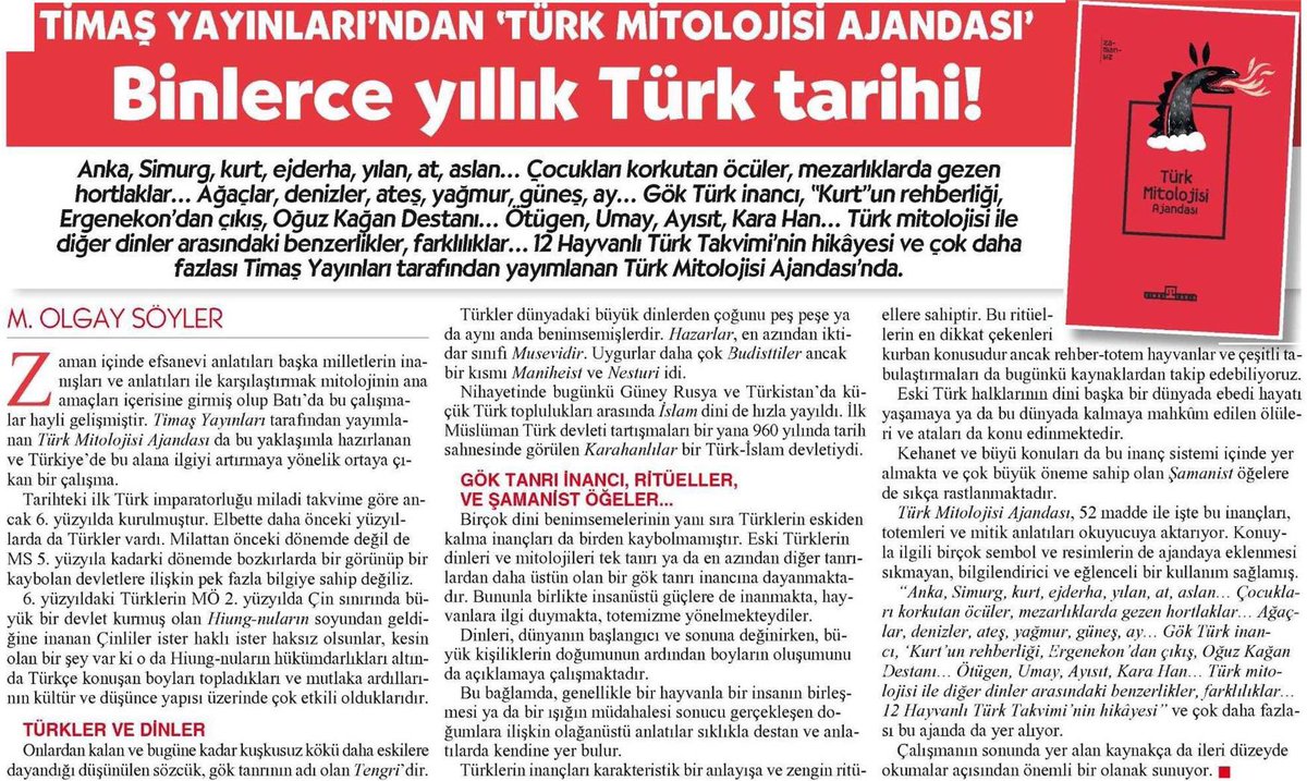 Türk Mitolojisi Ajandası üzerine Yazar Olgay Söyler’in kaleme aldığı yazı bu haftaki Cumhuriyet Kitap Eki’nde!