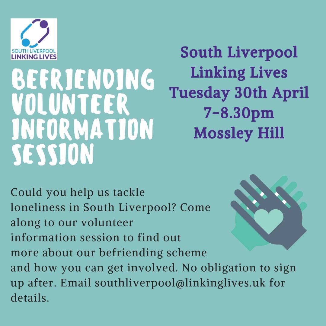 Could you help end #loneliness for an older person in South #Liverpool? We'd love you to come along to our #volunteer event to ask any questions, find out more about what we do and sign up as a volunteer if you like what you hear! 😊 #befriending #olderpeople #southliverpool