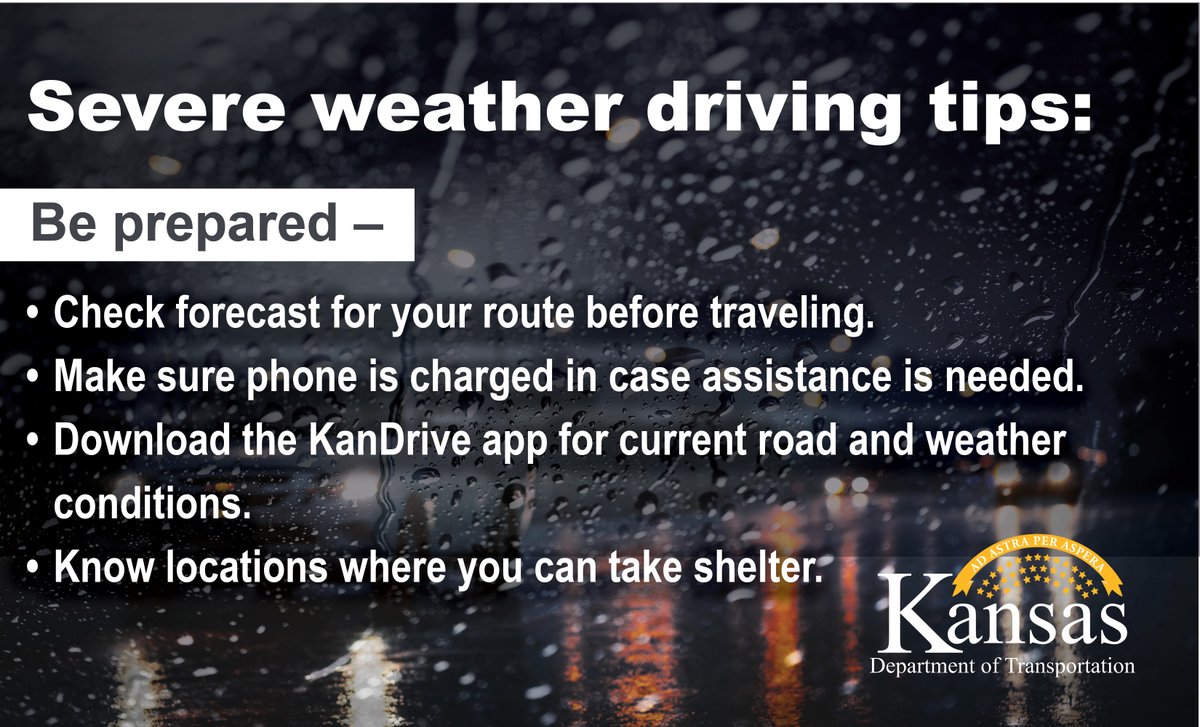 Severe weather is expected across the state for the next several days. Be prepared and check your weather forecasts before you leave. Always keep your phone charged. Know locations where you can shelter if needed. When your wipers are on, your headlights should be too. #KSWX