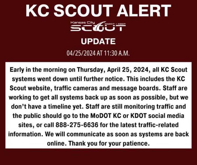 BREAKING: Kansas City Scout, responsible for monitoring city traffic cameras and signage, has been affected by a cyberattack, according to an alert.