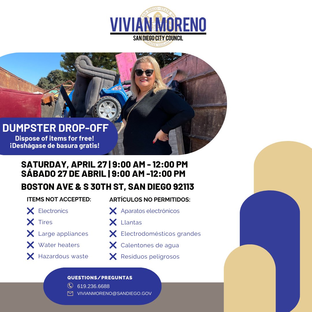 Need to do a Spring cleaning?🚚 Join us Saturday, April 27, from 9-12pm for a Dumpster Drop-Off in Barrio Logan! This event will take place on Boston Ave & S 30th St, San Diego 92113! Propane tanks, tires, large appliances, water heaters and hazardous waste will not be accepted!