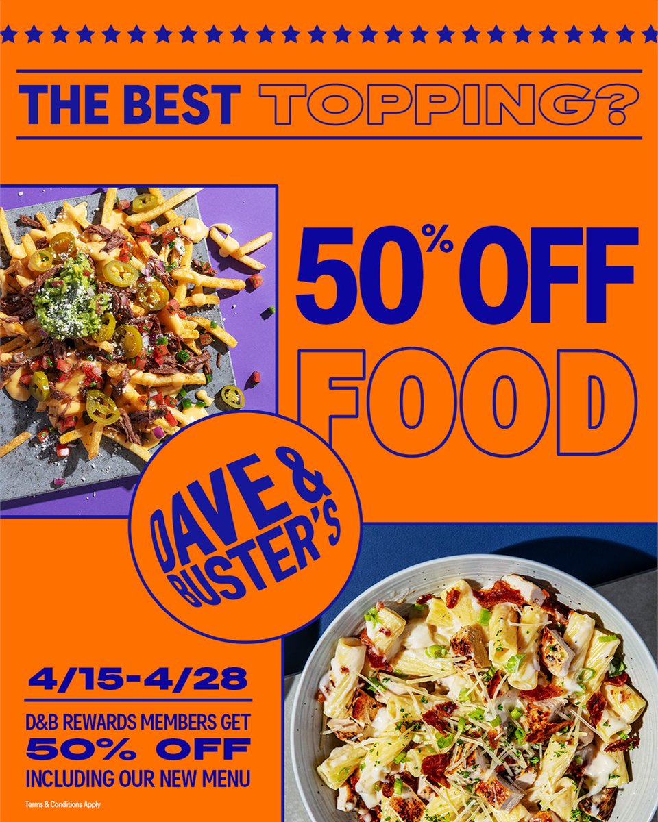 The best topping? 50% off food. From now through April 28th, D&B Rewards members get 50% off all food, including our new menu.