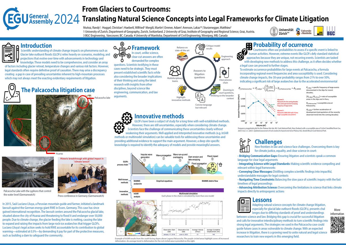 It's been one week since #EGU24
If you missed our poster on #ClimateLitigation here's your chance to catch up. Dive into our study exemplified by the landmark #GLOF case at Lake Palcacocha in the Andes

🔗 shorturl.at/mpwI8

#ClimateChange #ScienceInCourt