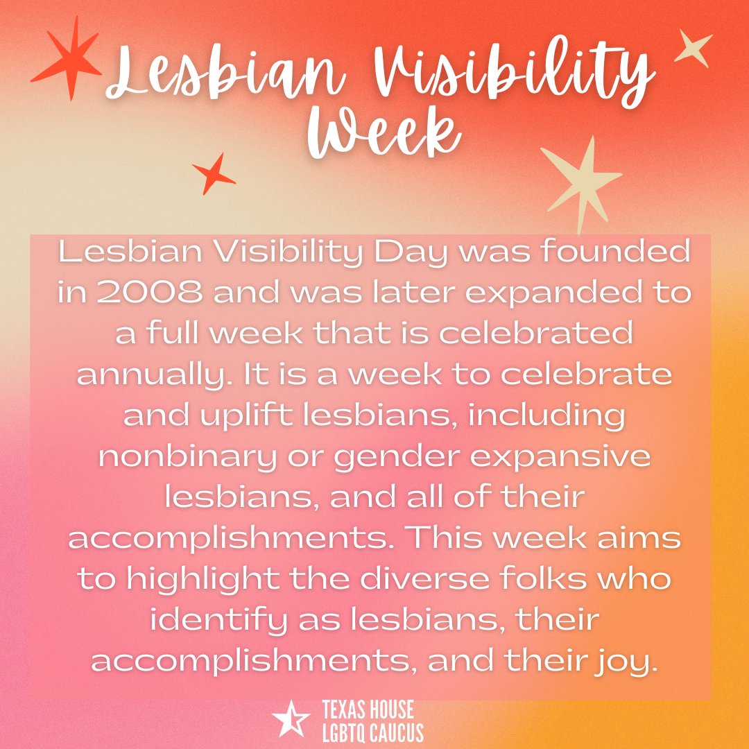 Happy #LesbianVisibilityWeek! Today we highlight the members of the #TxHouseLGBTQCaucus who identify as #lesbian & some of the work they've have done. #TxLege #TxLGBTQCaucus #LVW24 #LesbianVisibility #LesbianVisibilityDay #LGBTQIARights #LesbianVoices