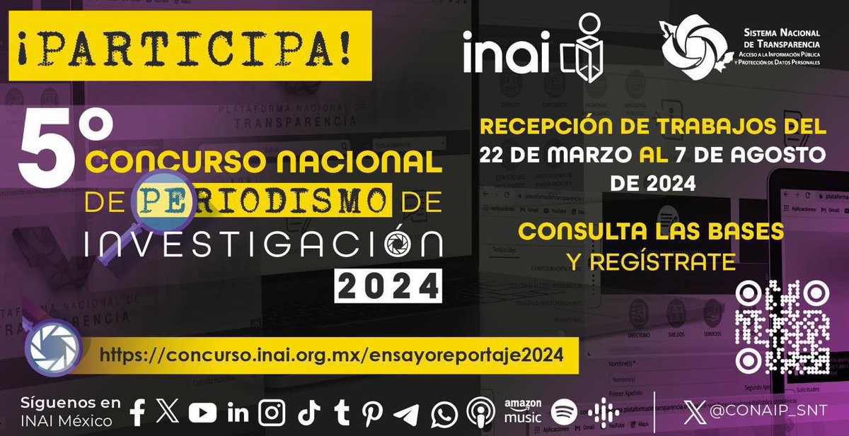 📢Participa en nuestra convocatoria 📰Si eres periodista o estudias periodismo y tienes trabajos realizados con información de la Plataforma Nacional de #Transparencia🗞️ 💻Participa en el 5º Concurso Nacional de Periodismo de Investigación 2024 👇 concurso.inai.org.mx/ensayoreportaj…