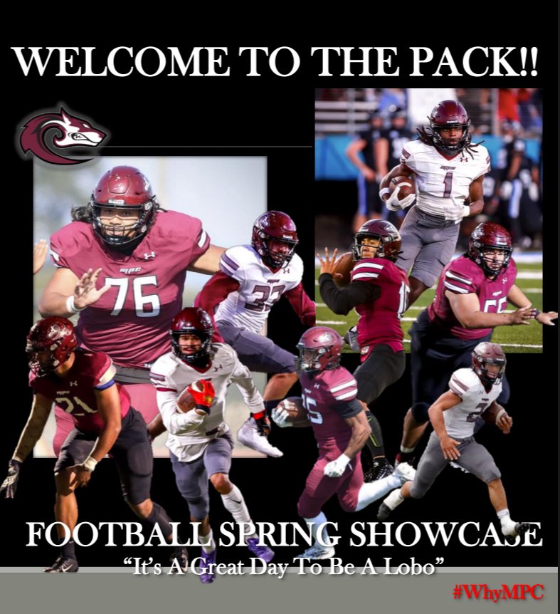 Welcome all HighSchool Coaches, Future Lobos & Families to MPC Football Spring Showcase‼️ Welcome Introduction at 1:30 Practice starts at 3 🐺🐺🐺