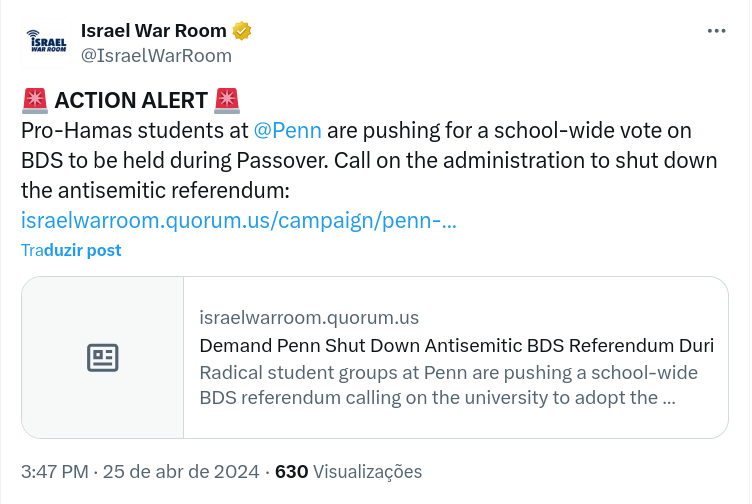 🇮🇱 Israel está usando todo o seu aparato de propaganda para ameaçar e difamar estudantes universitários, professores e manifestantes dos Estados Unidos. Este perfil sionista, muito ativo e com engajamento de autoridades israelenses, tem postado ameaças seguidas aos estudantes…