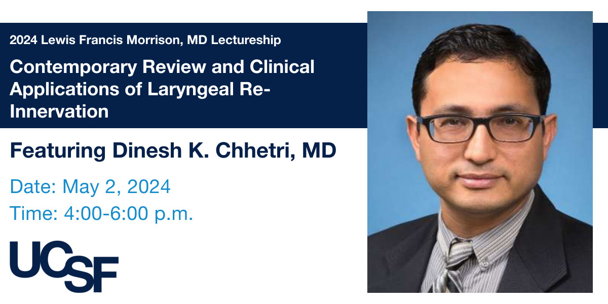 Interested in #laryngeal re-innervation? Tune in on May 2nd for a contemporary review & to learn about clinical applications from @UCLA_ENT's Dr. Dinesh K. Chhetri, @UCSF's Dr. Yue Ma, Erik Steele CCC-SLP, MA & @UCDHealth's Dr. Daniel Cates. Register now! bit.ly/3HYJ7kN