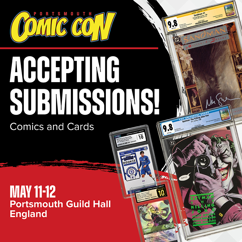 #CGCComics, @CGCCards and @CGCSigSeries is attending #PortsmouthComicCon in #Portsmouth, #England, May 11-12! 💂 Reps will be on standby at booth #14 to accept your comic, pulp and trading card submissions with our awesome witnesses ready. Prepare with cgc.click/port 🇬🇧