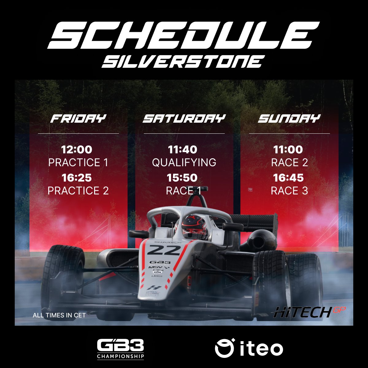 Good test day behind us. We did many laps on the used tires, which makes me feel confident about the race pace 👌 Here's the schedule for the rest of the weekend 😎 @iteo_apps @HitechGP @GB3Championship #GB3 #viaF1