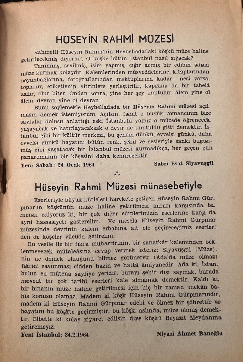 Hüseyin Rahmi Gürpınar’ın Heybeliada’daki köşkünün müzeye dönüştürülmesi konusundaki tartışmalar. Yıl 1964. #hüseyinrahmigürpınar