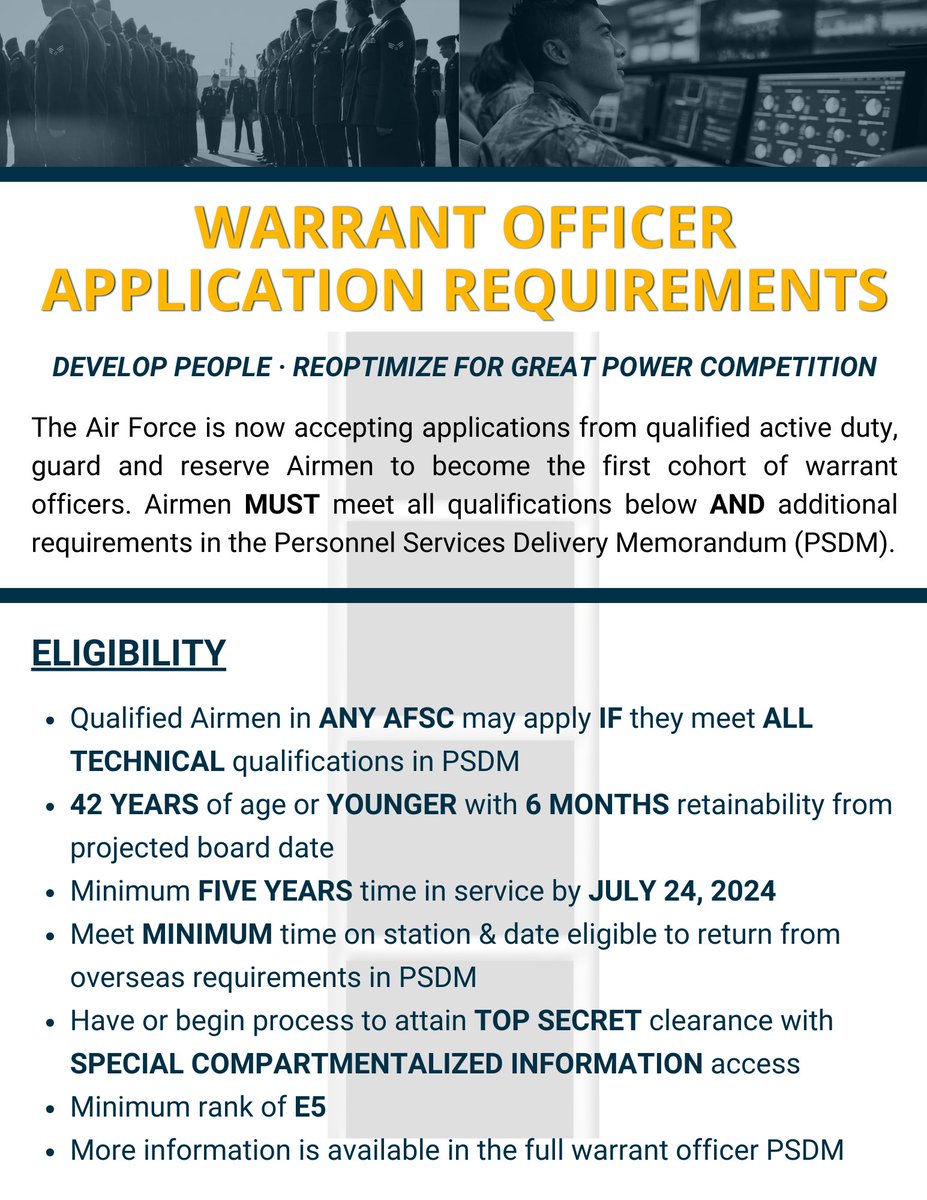 Calling all tech & cyber wizards!✨ 

Qualified Active Duty, Guard & Reserve Airmen can now apply to become Air Force Warrant Officers in the IT & Cyber career fields. Click the link to learn how YOU can join the first cohort👇 

af.mil/News/Article-D…