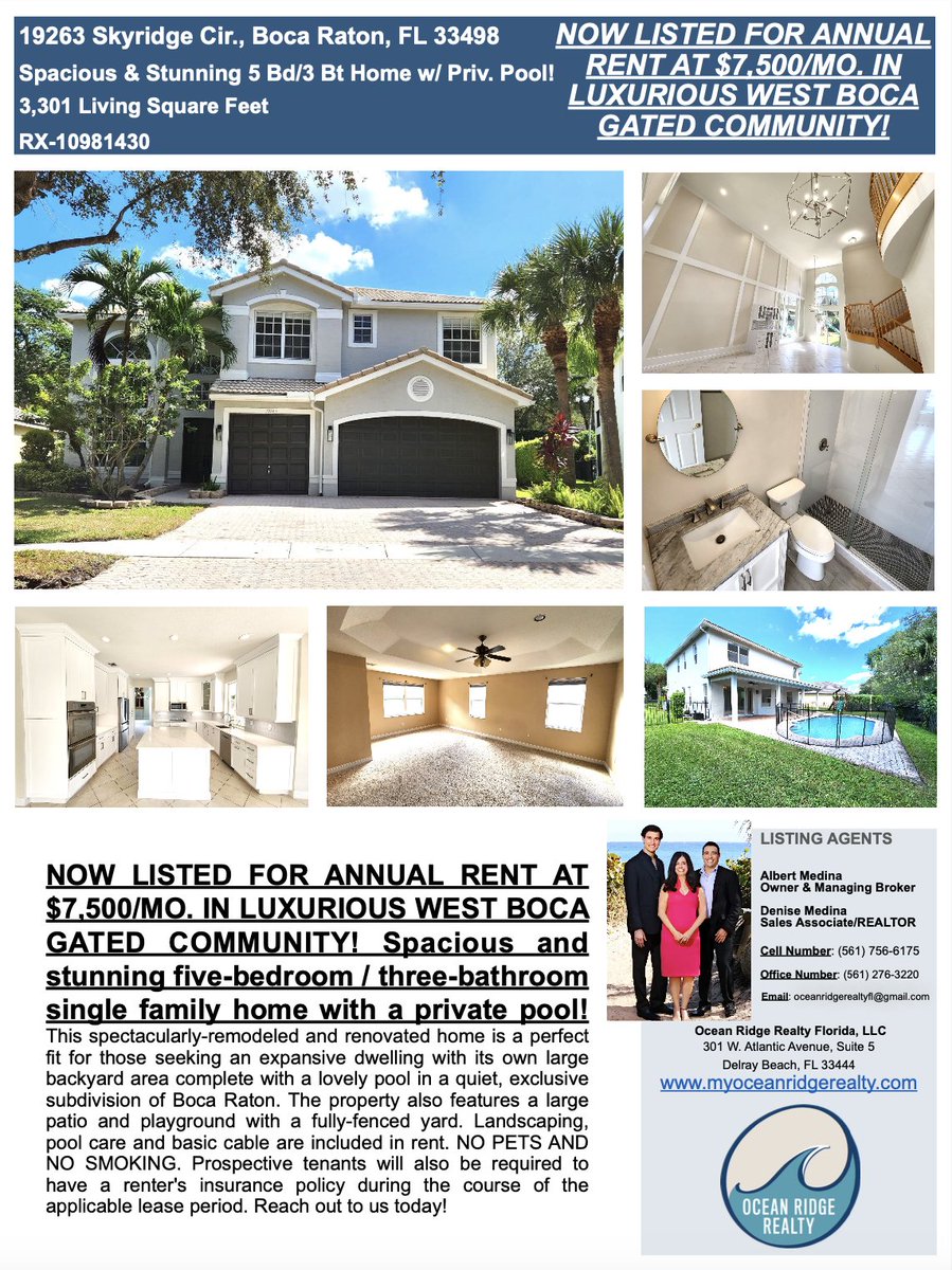 LISTED FOR ANNUAL RENT AT $7.5K/MO. IN LUXURIOUS BOCA GATED COMMUNITY!

SPACIOUS 5 BED / 3 BATH HOME W/ PRIVATE POOL IN SATURNIA!

19263 Skyridge Circle, Boca Raton, FL 33498
RX-10981430
3,301 Sq Ft

CONTACT US TODAY!

#newlisting #nowavailable #annualrental #BocaRaton #Saturnia