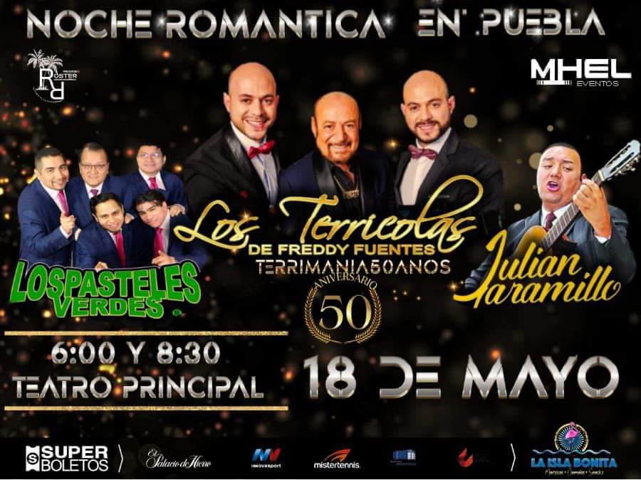 🌹🎶 ¡Prepárate para una noche inolvidable llena de romance y nostalgia! Este 18 de mayo, Los Pasteles Verdes, Los Terrícolas y Julián Jaramillo se unen para brindarte una 'Noche Romántica'. 💖🎤 No pierdas la oportunidad de revivir grandes éxitos y emociones.