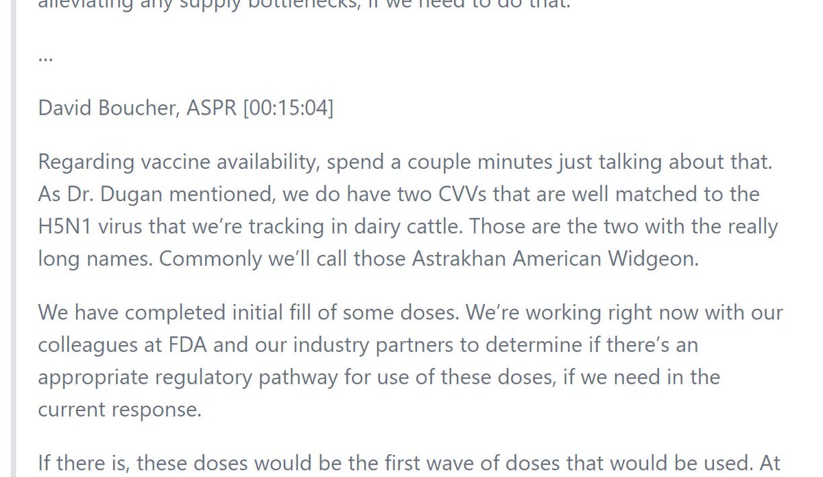 How close are we to an H5N1 vaccine? @ASPRgov's David Boucher said there are 'well matched' shots at ready 'We have completed initial fill of some doses' and now working with @US_FDA 'to determine if there's an appropriate regulatory pathway' for use tinalexander.github.io/notes/2024/04#…