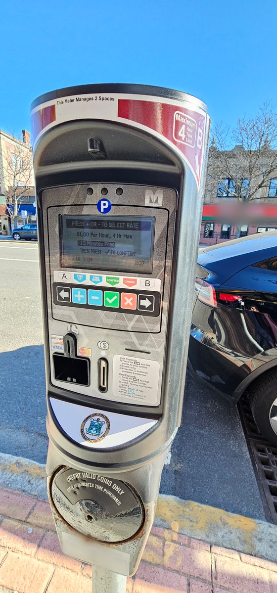 The Town of Arlington has updated their parking meters in Arlington Center to include a 15 Minutes Free feature, allowing short-term parking to perform a quick errand. Metered parking in the Back Bay neighborhood of Boston is 25 cents every 4 minutes.