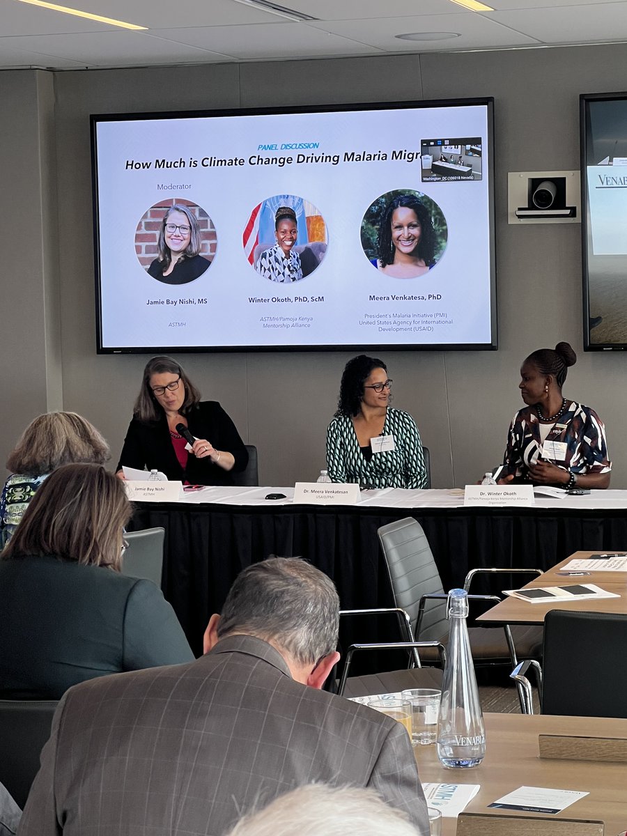 During a panel on climate change and #malaria migration, @ASTMH's Dr. Winter Okoth and @PMIgov's Dr. Meera Venkatesan noted that stronger health systems🏥as a whole help fight malaria🦟and make countries more resilient to the impacts of climate change. #endmalaria