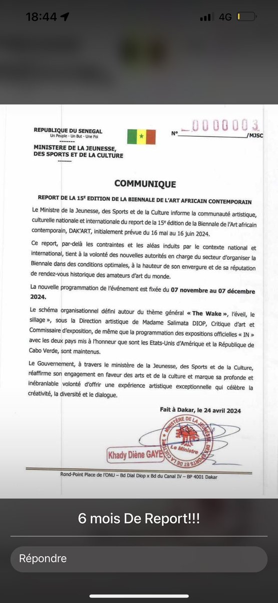 La 15 ème édition de la Biennale de Dakar est reportée et se tiendra du 07 novembre au 07 décembre 2024. It’s official the 15th edition of the Dakar Biennale will be post-poned. It will take place from november 7th to december 7th 2024. #biennalededakar #biennale2024 #thewake