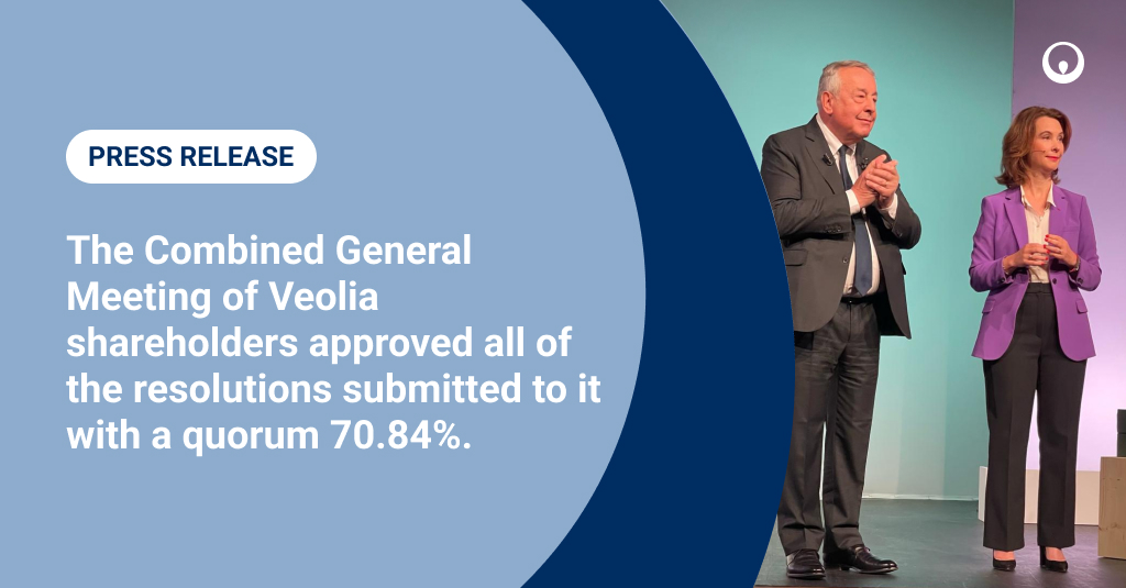 The Combined #GeneralMeeting of Veolia #shareholders, held today at the Maison de la Mutualité in Paris, under the chairmanship of its Chairman of the Board of Directors, Mr. Antoine Frérot, approved all of the resolutions submitted to it with a quorum 70.84%. After this…