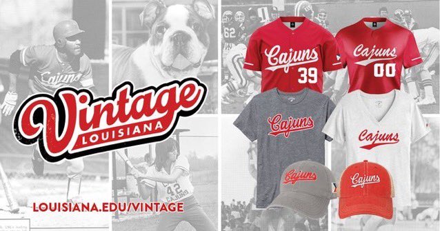 ULWearRed's tweet photo. We are reopening the vault to usher in some of our most iconic logos from the eighties and nineties! We are bringing back the distinctive 'Cajuns' script logos for a new generation! Items will be available starting Friday 4/26. #VintageLouisiana https://t.co/SdWj6qH9X0 https://t.co/Ki1Dccydxc