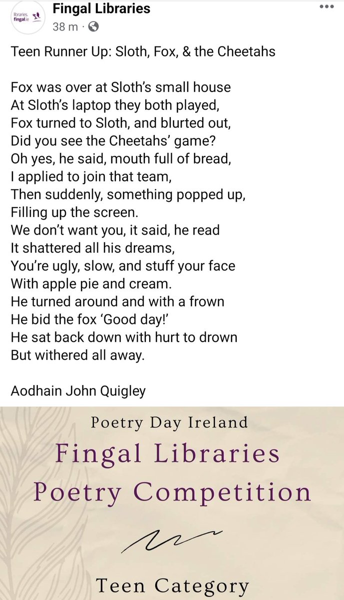Congratulations to first year student Aodhain John Quigley from class Versaille for coming Teen Runner Up in the @fingallibraries poetry competition with his poem 'Sloth, Fox & the Cheetahs'. facebook.com/share/v/yceUdE…