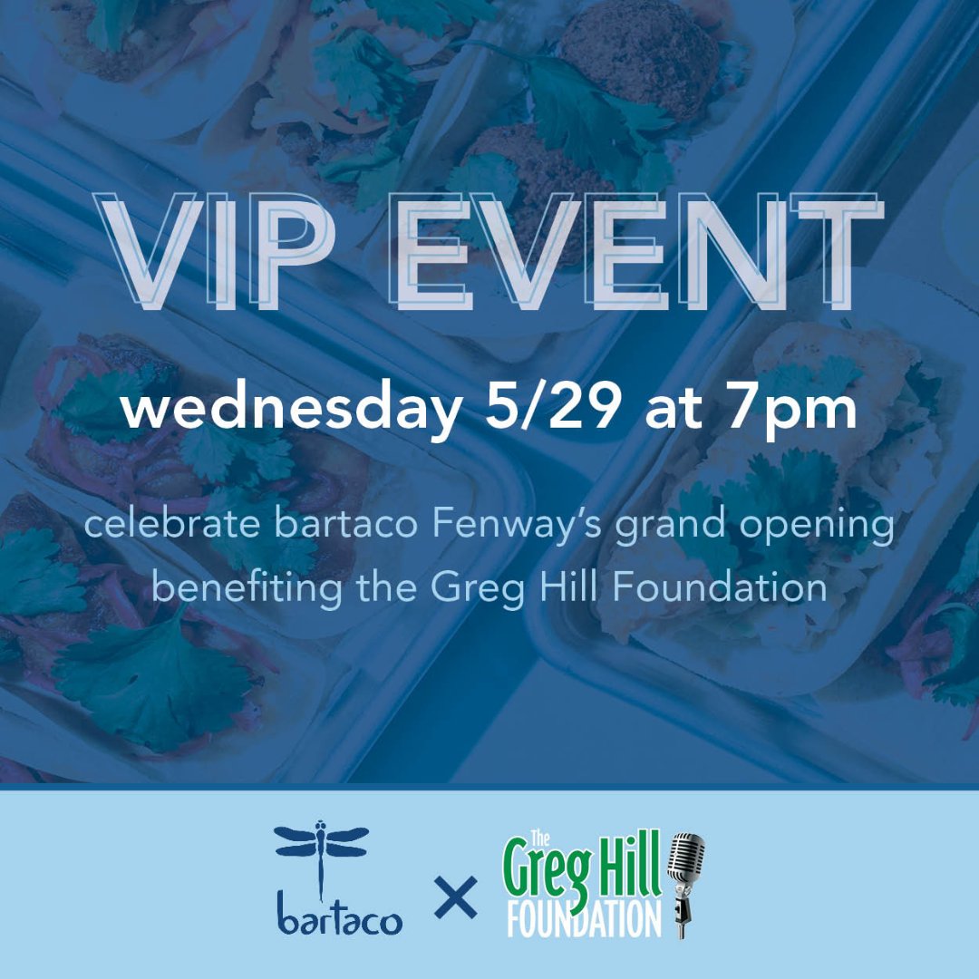You’re invited to experience an exclusive VIP party to celebrate bartaco Fenway's official grand opening💚 Join us for drinks, bites, music &amp; more!

Tickets are on sale NOW! There are only 50 tickets available..act fast and secure your spot today🌮 

More: classy.org/event/the-greg…