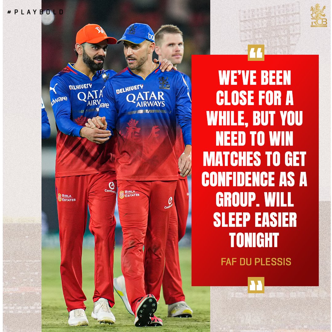 It takes a lot more than one can imagine to come back from a series of losses and perform the way the boys did tonight 💪 Proud! 🫶 #PlayBold #ನಮ್ಮRCB #IPL2024 #SRHvRCB