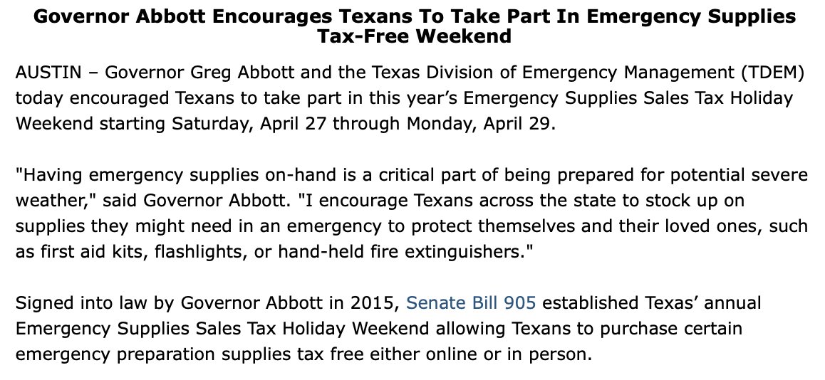 Emergency supplies are tax-free this weekend in Texas. Having emergency supplies ready is a critical part of being prepared for any disaster. Texans are encouraged to stock up on supplies to protect themselves and their loved ones in case of an emergency.