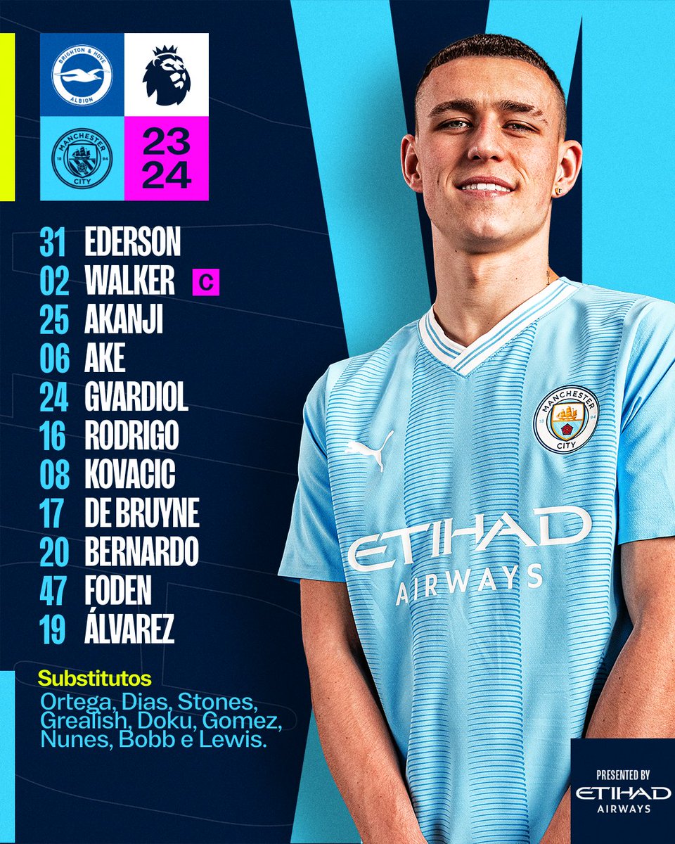 𝐄𝐒𝐂𝐀𝐋𝐀ÇÕ𝐄𝐒 | Brighton e Manchester City estão escalados!

⏰ 16:00
🏟️ Falmer Stadium
🖥️ ESPN e Star+