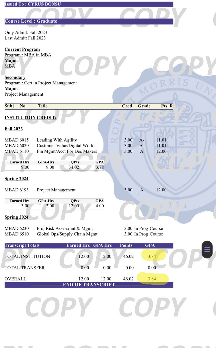 Grad school official transcript #AGTG