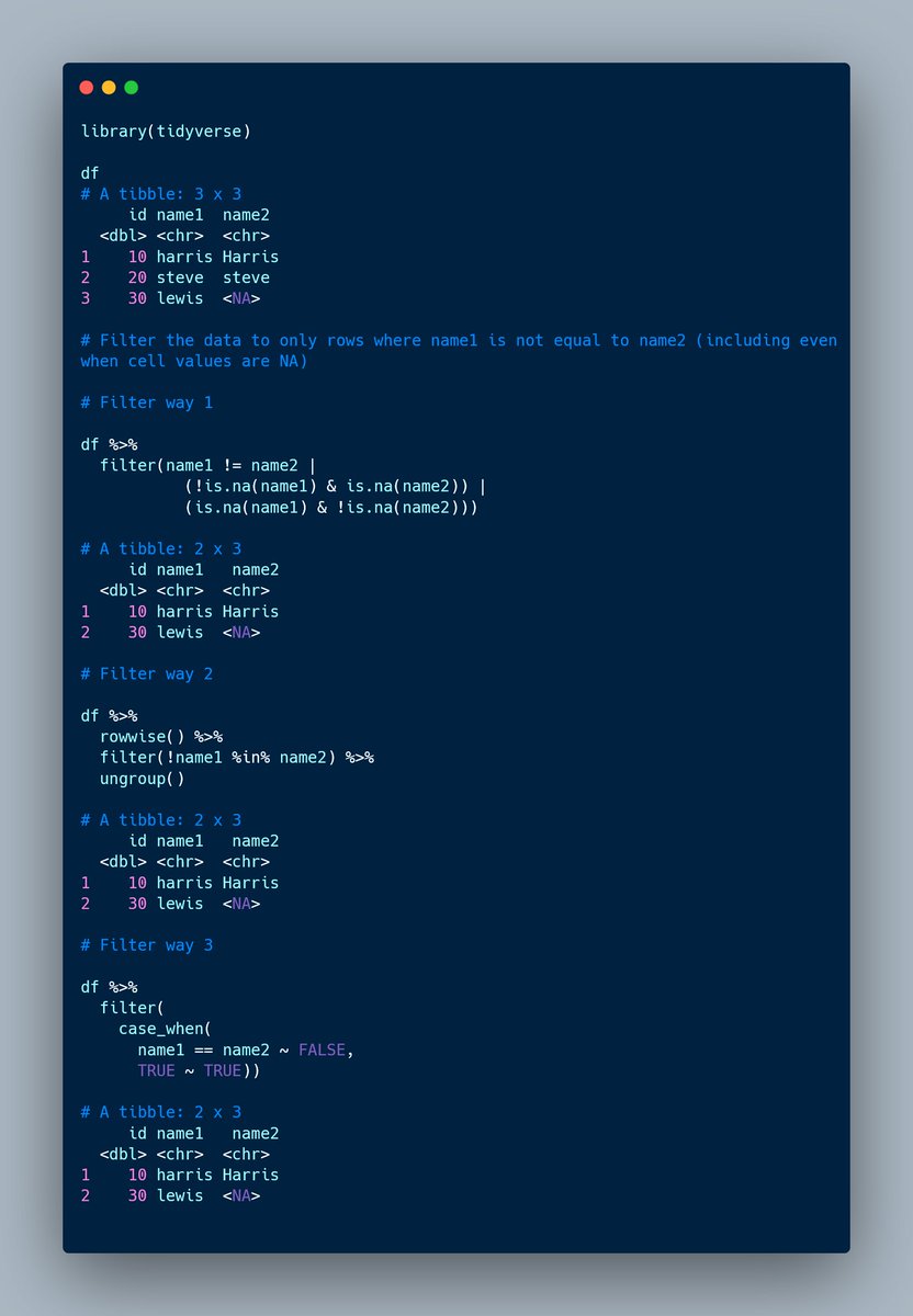 Inspired by a post shared by @cararthompson, this example is a good reminder that there are always multiple solutions for any one #rstats problem.🌟

If you are curious about how dplyr::filter() evaluates NAs, you can read more here: github.com/Cghlewis/data-…