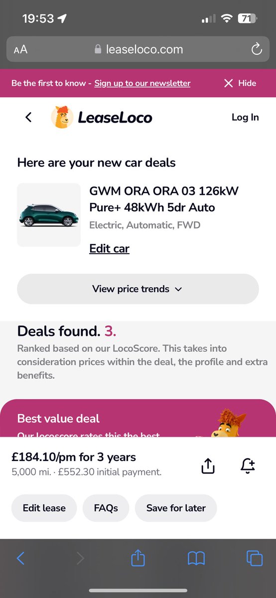 🚨Great EV Lease Deal Alert🚨

GWM Ora 03 Pure + (formally Ora Funky Cat), £184.10 per month for 3 years, £552.30 deposit, 5000 miles and £298 broker fee.
🤩⚡️⚡️⚡️🤩#EVdeals 

leaseloco.com/car-leasing/gw…