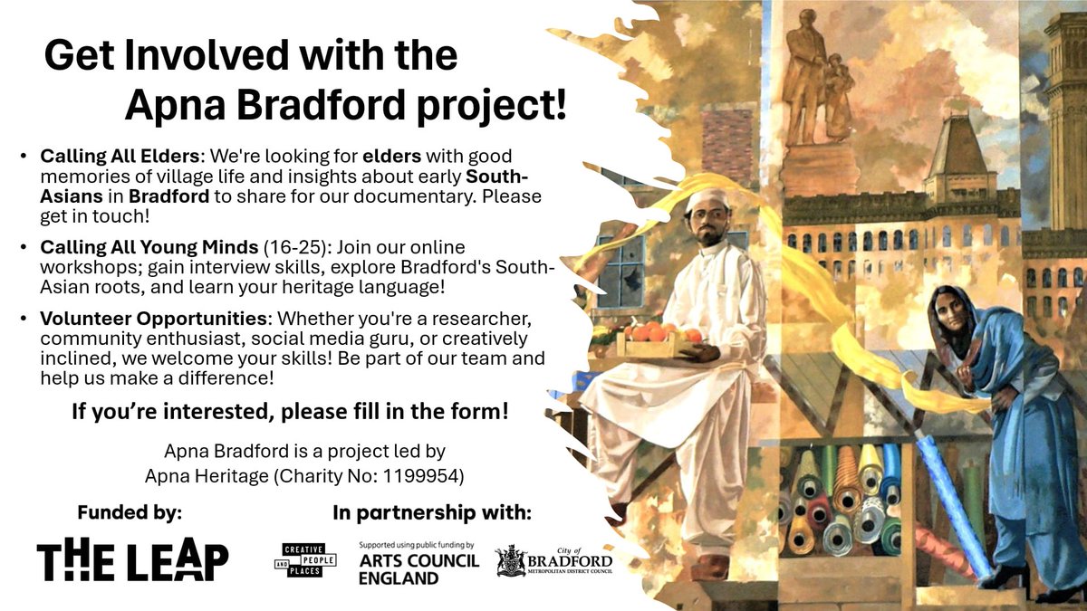 Apna Bradford is an oral history project to capture memories of Bradford's early South-Asian community (particularly those from Pakistan and AJK). If you're interested, please get in touch via the following form: forms.gle/UoL6sAMSwwKPVs…