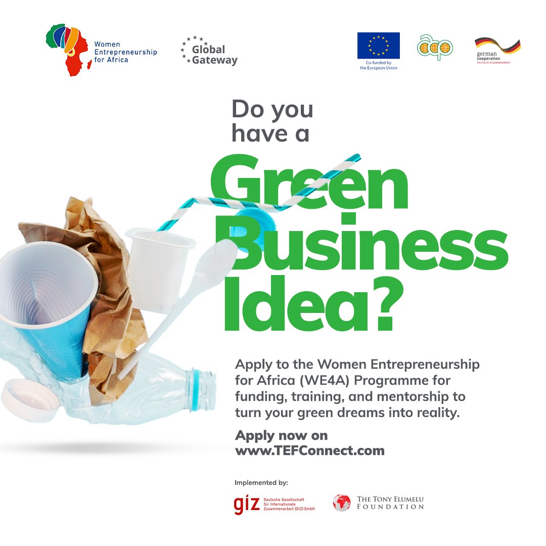 “Investing in Young Businesses in Africa – Women Entrepreneurship for Africa (IYBA WE4A)” Women who are running businesses or have business ideas in green sectors are welcome to apply for the WE4A programme. For more information or to apply please visit TEFConnect.com