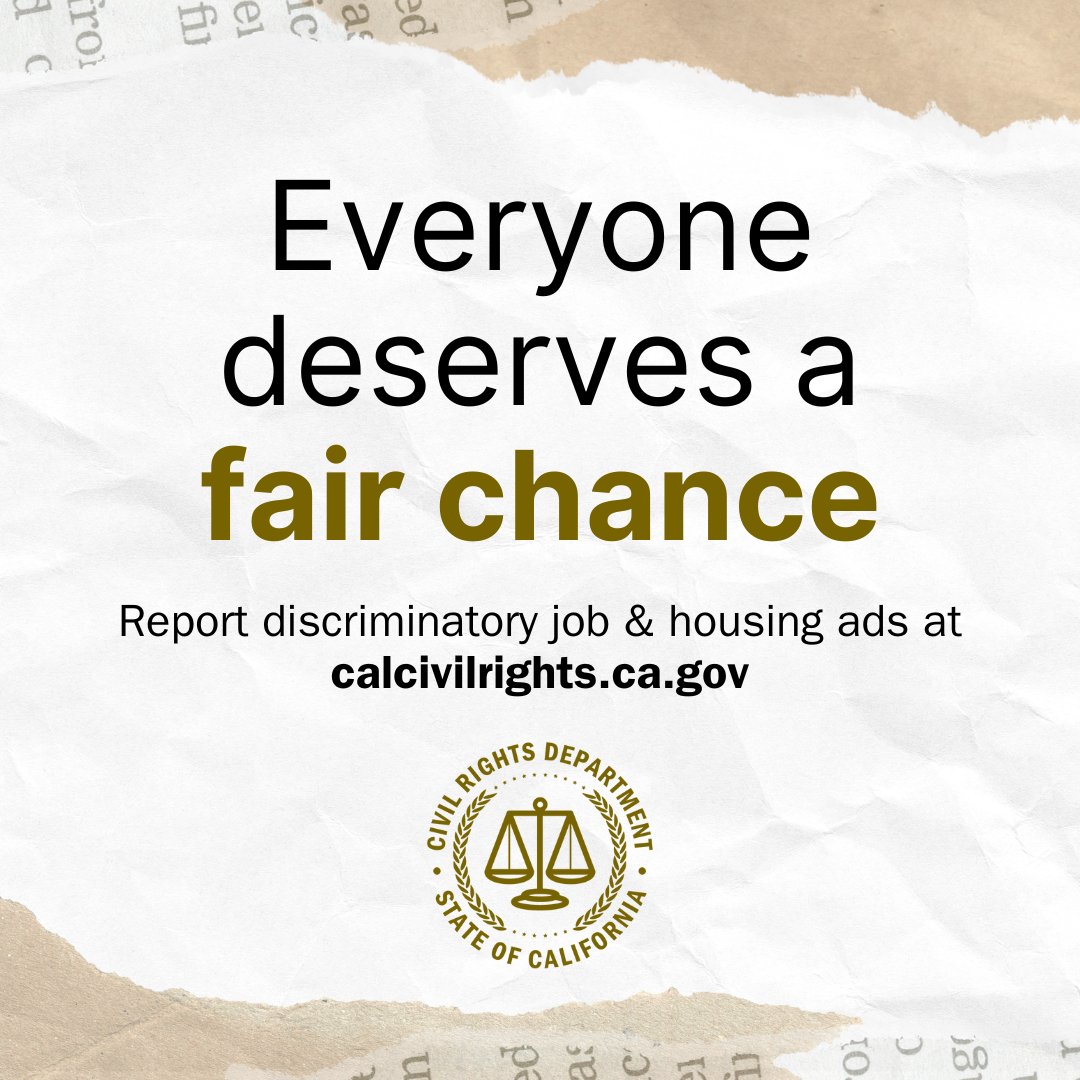 @CAbcsh You can help us stop discriminatory ads. Click below to learn how to report them. This month alone, we’ve sent 66 notices to employers & landlords to change their ads or take them down. Everyone deserves to find work & housing without discrimination! (2/2) bit.ly/3wjrZ6V