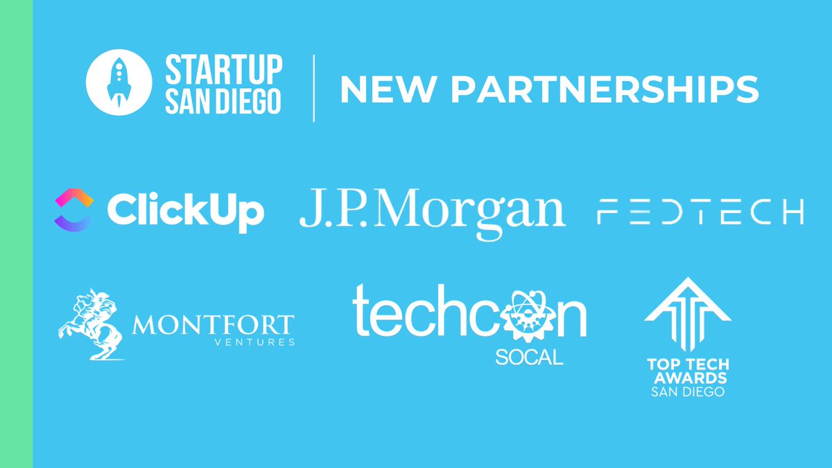 We want to welcome six new community partners and sponsors to Startup San Diego: ClickUp, J.P. Morgan Startup Banking, FedTech, Montfort Ventures, TechCon SoCal, and Top Tech Awards San Diego! 🚀 Learn more: ow.ly/tQaP50RopNh #StartupSD