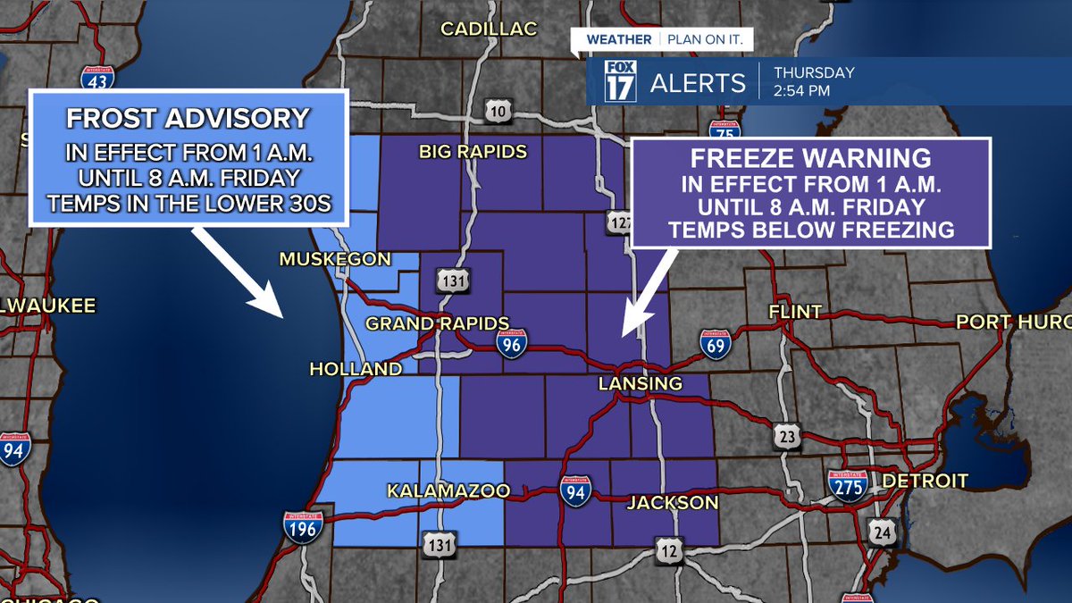 ANOTHER COLD NIGHT: Frost Advisories and Freeze Warnings go into effect tonight, lasting through 8 a.m. Friday. The coldest overnight temperatures will be east of U.S. 131. Protect your plants!