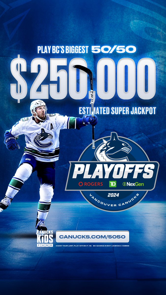 The Canucks For Kids Fund estimated $250,000 50/50 raffle is now LIVE! 💰 Sales close at the end of the second intermission in Game Three of the playoffs. Must be 19+ and located in BC to play. BUY NOW | canucks.com/5050