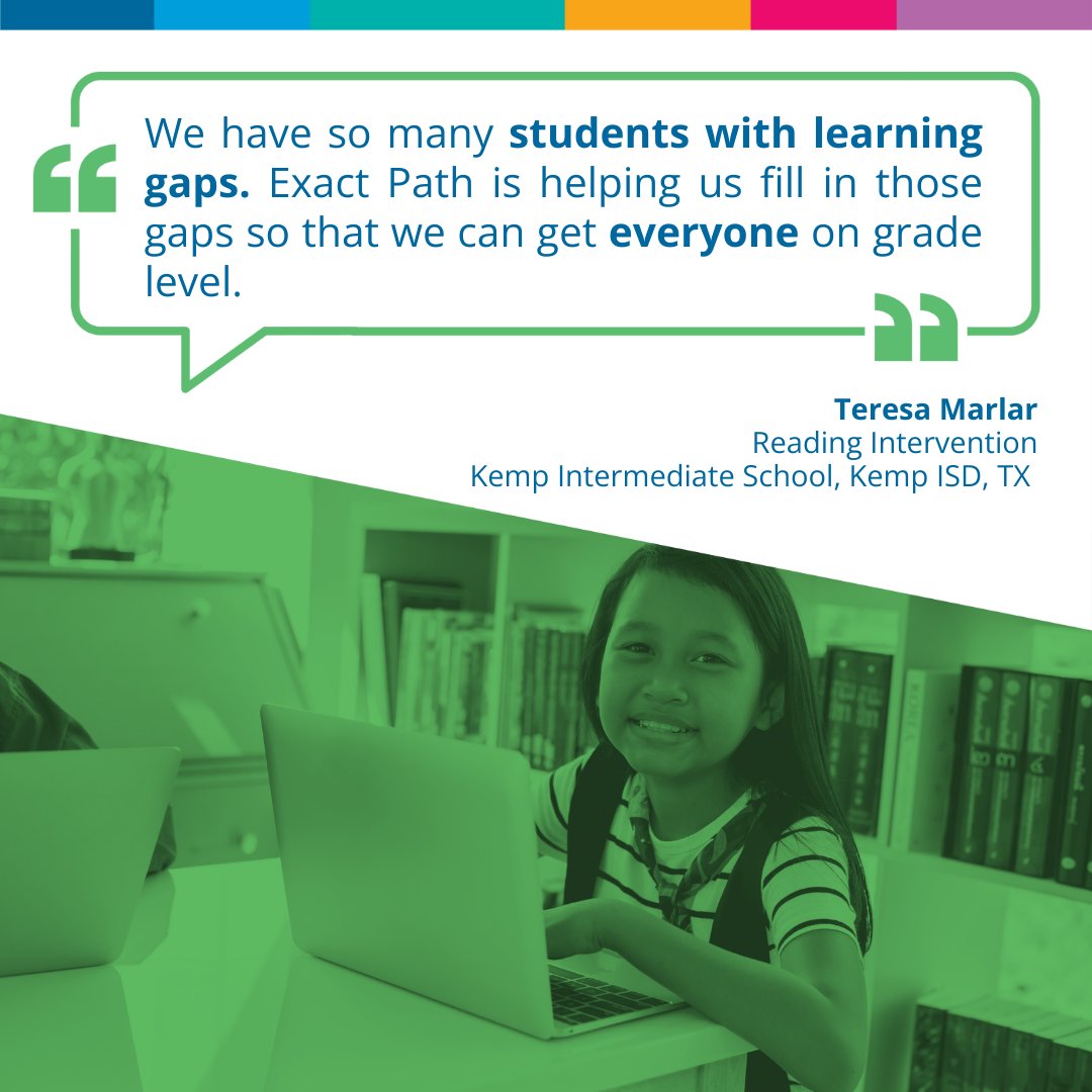 edmentum's tweet image. How does Exact Path support educators? For Teresa Marlar, Reading Interventionist, Exact Path helps her meet students where they are at, stop learning gaps in their tracks, and get every student on grade level. #EducatorFirst