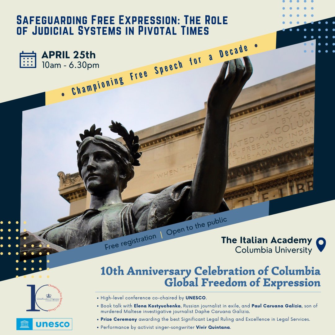 Join us at 4:00 PM for the 2024 Global Freedom of Expression Prize Ceremony where the winners in Significant Legal Ruling and Excellence in Legal Services categories will be presented. Mexican singer-songwriter @vivirquintana will perform live and a reception will follow.