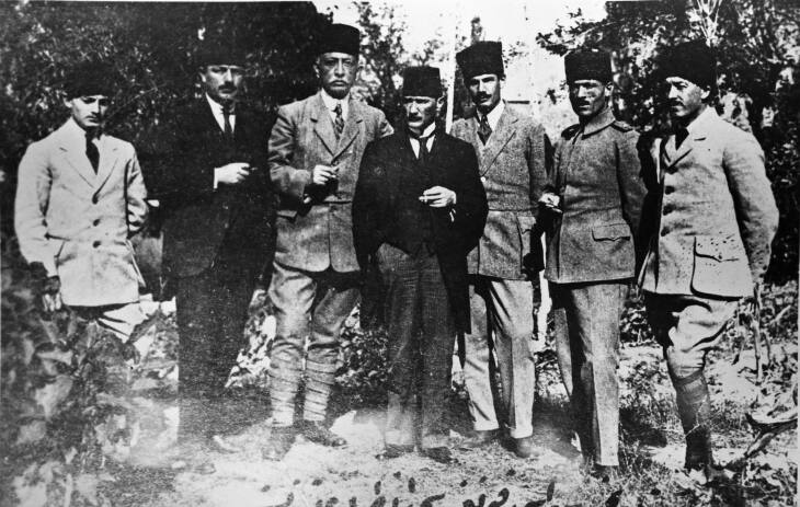 Members of Turkish Nationalist Movement in Sivas, 1919. From left to right: Ahmet Muzaffer Bey, Rauf Bey, Bekir Sami Bey, the leader of movement Mustafa Kemal Pasha, Rusen Esref Bey, Cemil Cahit Bey and Cevat Abbas Bey.