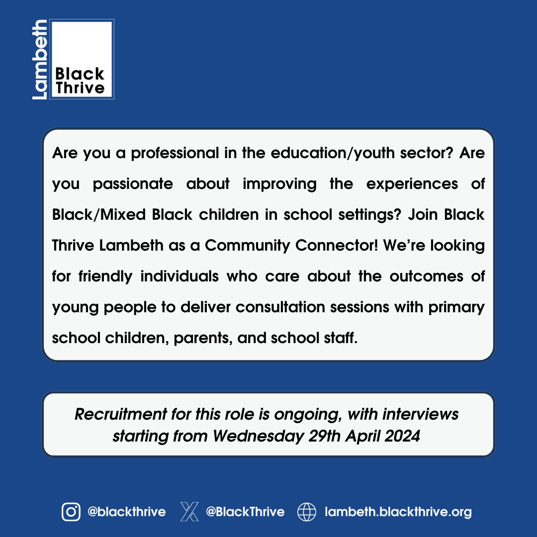 We're hiring! We've partnered with @SELondonICS for the Core20Plus Connectors Wave 3 Programme and are looking for Community Connectors to help improve mental health outcomes for Black and mixed heritage children in South East London. 💪🏾 Apply 👉🏾 blackthrive.org/job-opportunit…