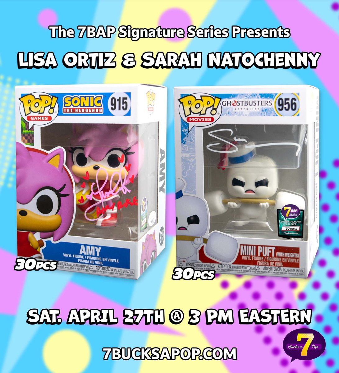 New #7BAPSignatureSeries dropping Saturday April 27th at 3pm Eastern: #Ad #Sonic #Ghostbusters Lisa Ortiz as Amy Rose (30pcs) Sarah Natochenny as Mini Puft (30pcs) $85 each with a max of 2 of each/household for 24hrs. 7bucksapop.com/collections/7b… Make your Signature Series…