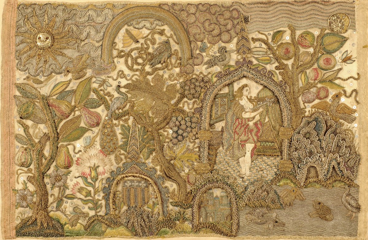 Time for the great reveal! Here it is in all of its glory, a 1630s-40s picture made in a professional embroidery workshop in England. The object features a variety of motifs, combining figural, natural, and architectural imagery to create a glittering, highly textured composition