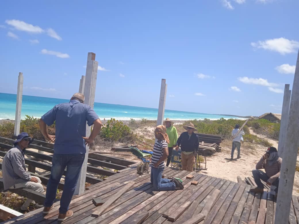 Los trabajadores y creadores del grupo de creación artística D'Vida del #FCBCuba enfrascados en la construcción del Bar playa en el Estrella I de Cayo Santamaría.
#JuntosPorVillaClara 
#JuntosCreamos 
@CubaEsCultura @DPCulturaVC 
@Mintu