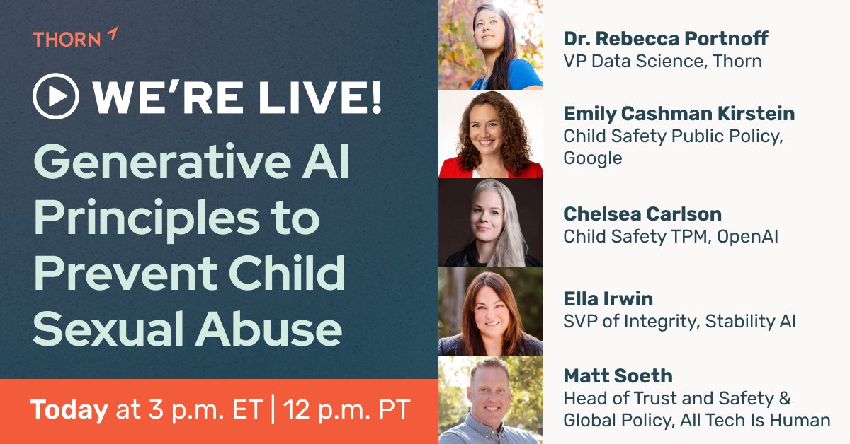 We're LIVE with @AllTechIsHuman, @Google, @OpenAI and @StabilityAI! 🎥 Join us now for our discussion on proactively mitigating the misuse of #AI and shape a safer future together. teamthorn.co/3UbT0kT #Principles4GenAI #SafetyByDesignPrinciples #DesignSaferAI